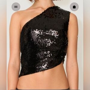 Black Sequin One-Shoulder Crop Top